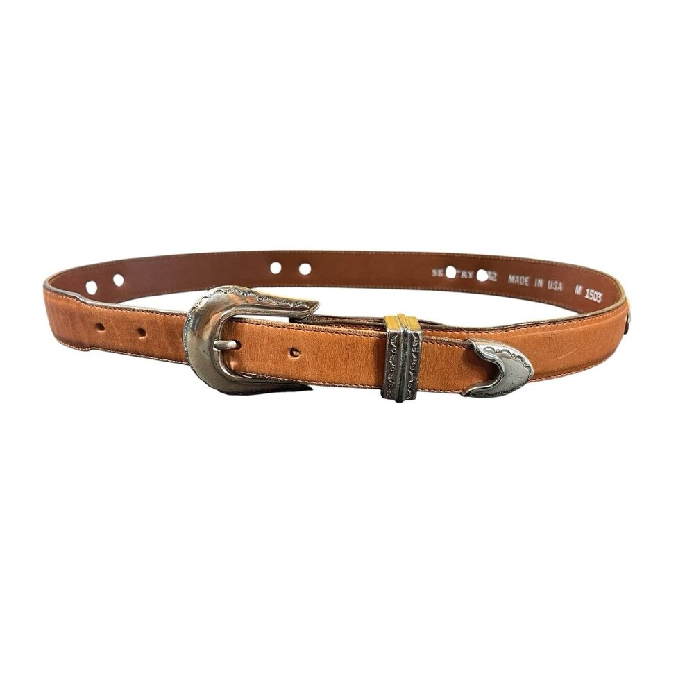 Vintage Sentry 32 Western Leather Belt Brown Silver Tone Buckle Made USA M